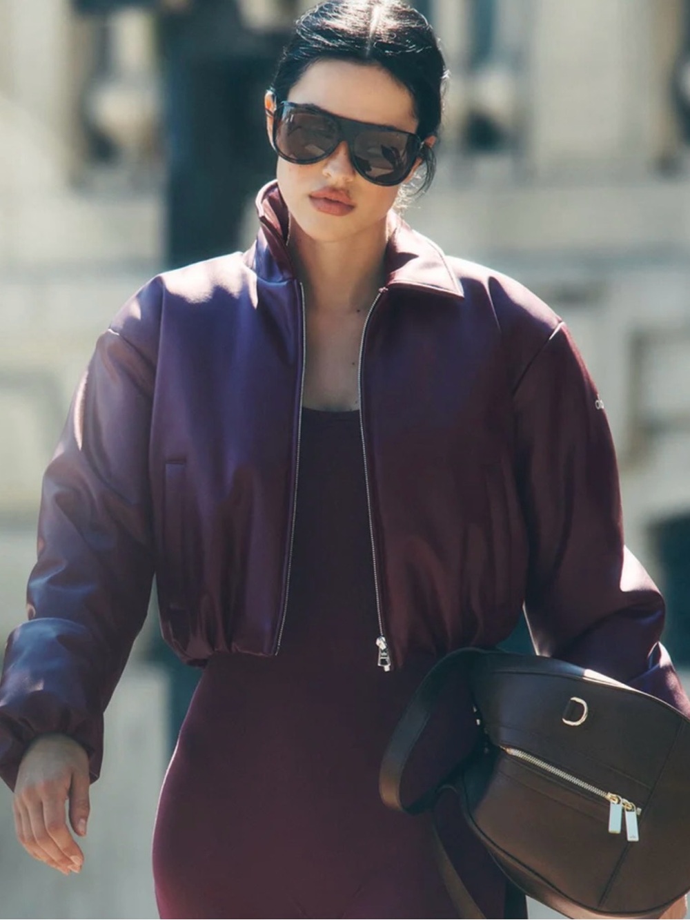 ALO Yoga Cropped Bomber Jacket in burgundy